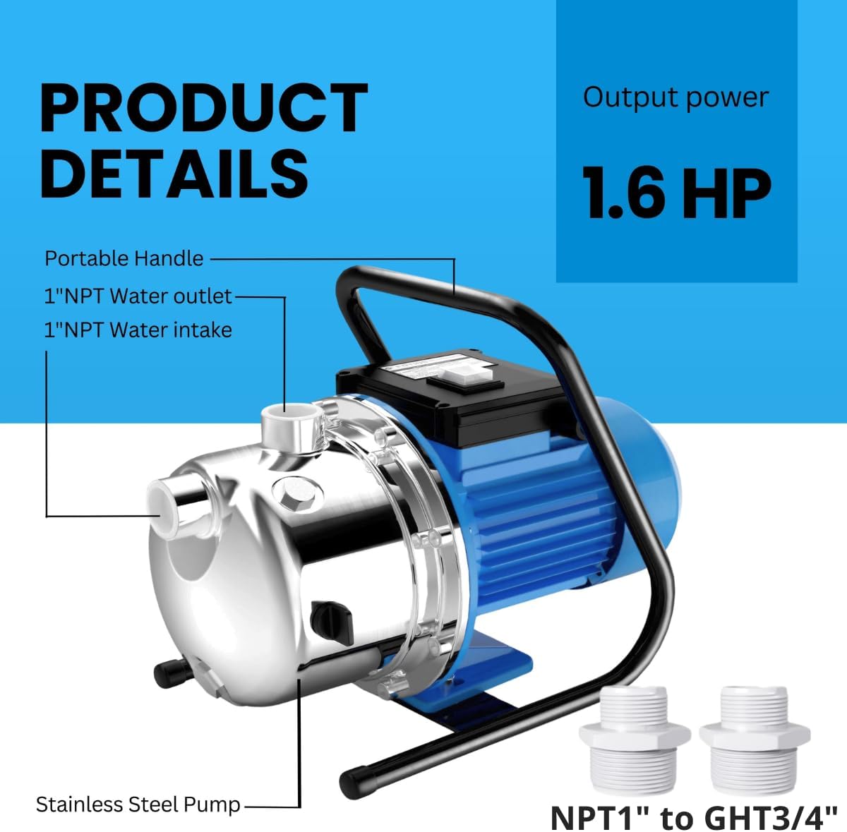 FOTING 1.6HP Shallow Well Jet Pump 1600GPH — Stainless Steel, 115V, Blue