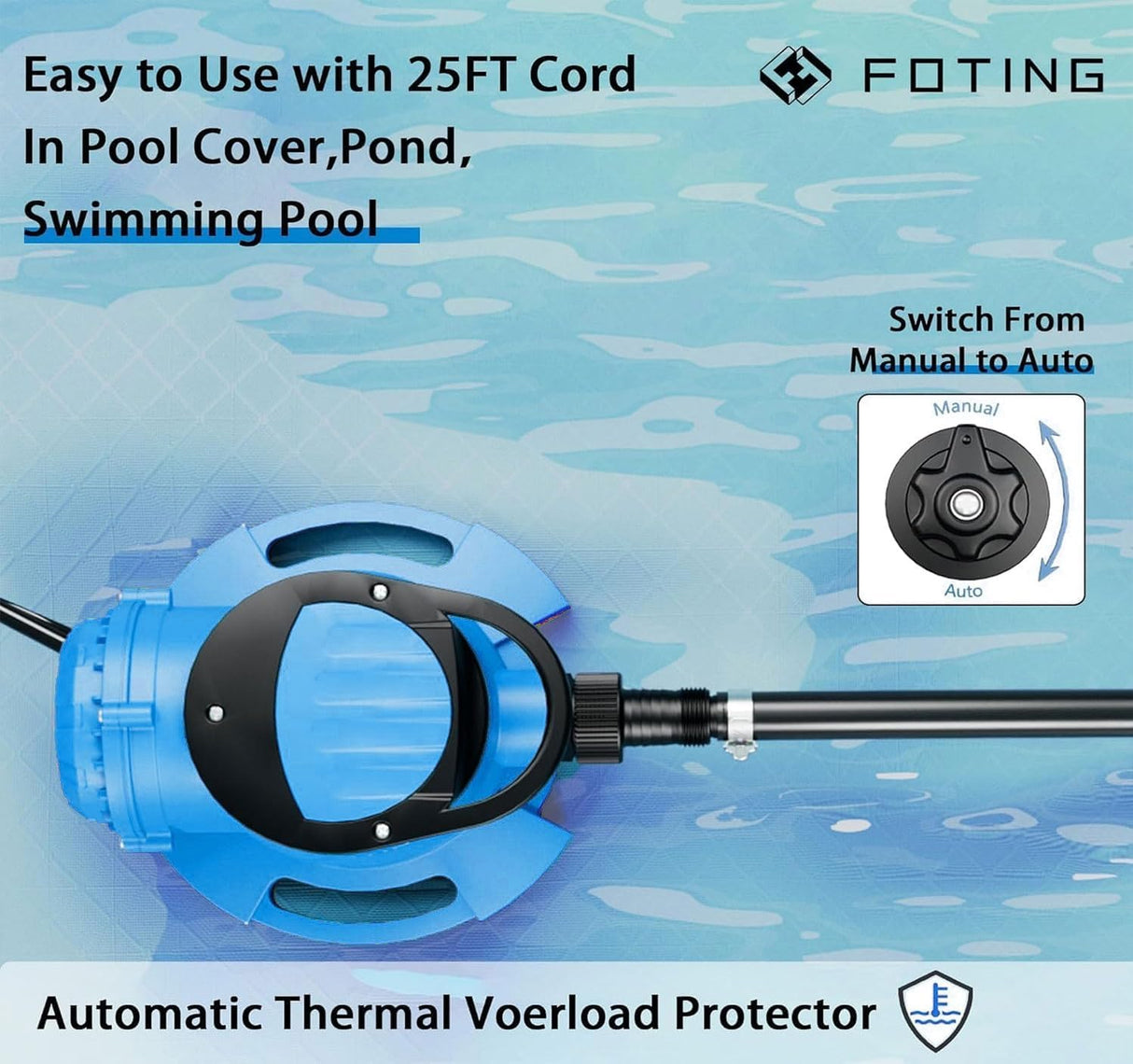 FOTING 1/3HP Pool Cover Pump 2240GPH — Submersible, Auto, 25FT Cord, Blue & Black