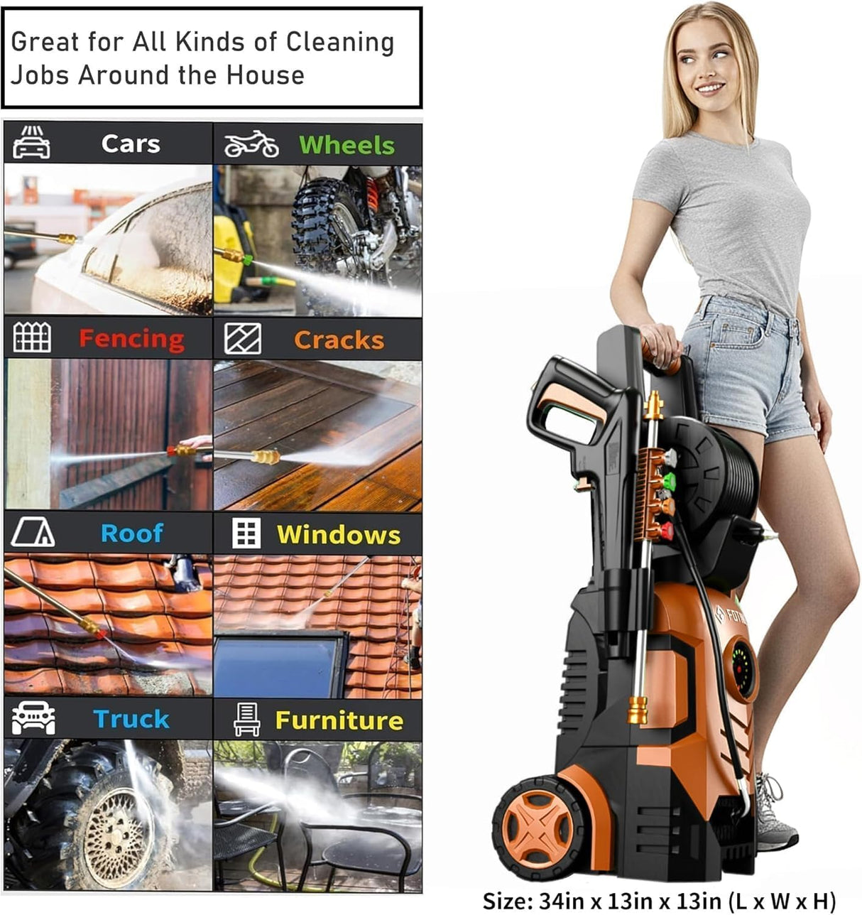 FOTING Pressure Washer 5000PSI — 8-Level Touch Screen, 34" Tall, Red