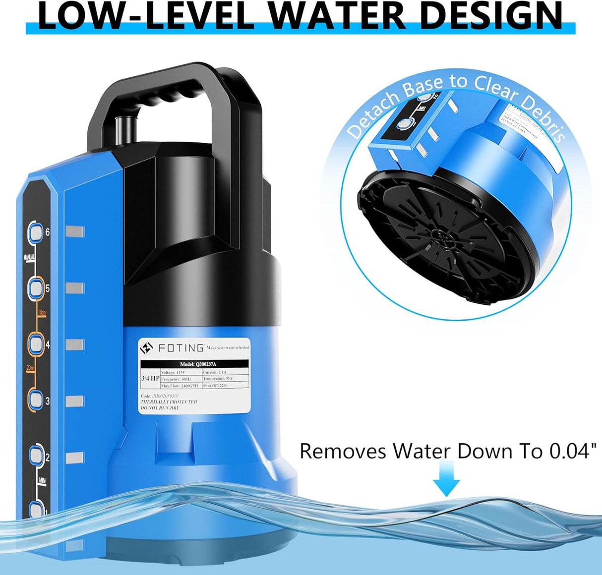 FOTING 3/4HP Submersible Sump Pump 2400GPH — Auto Float Switch, Blue