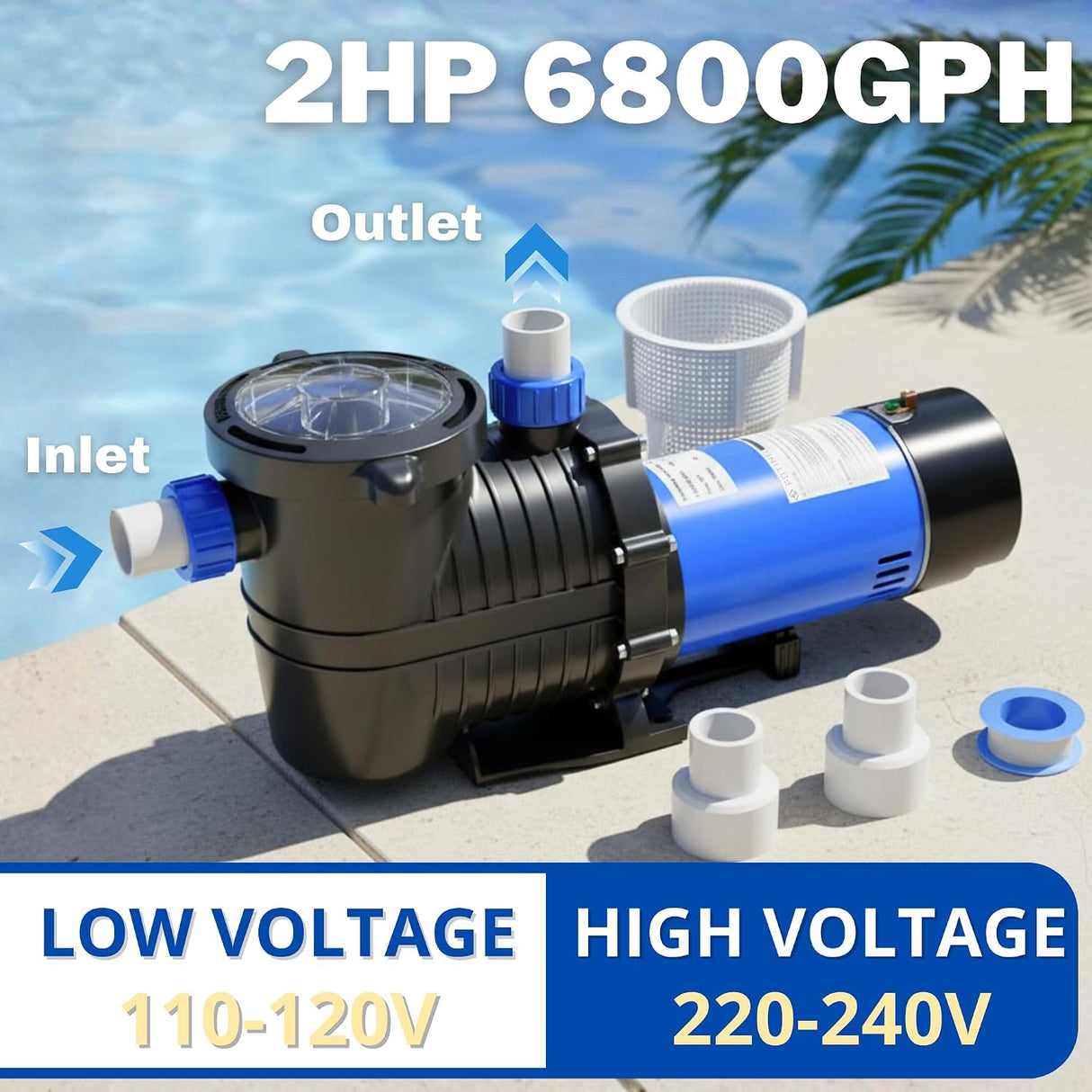 FOTING In/Above Ground Pool Pump — Self-Priming, High Flow, 1.5" & 2" NPT, Blue & Black