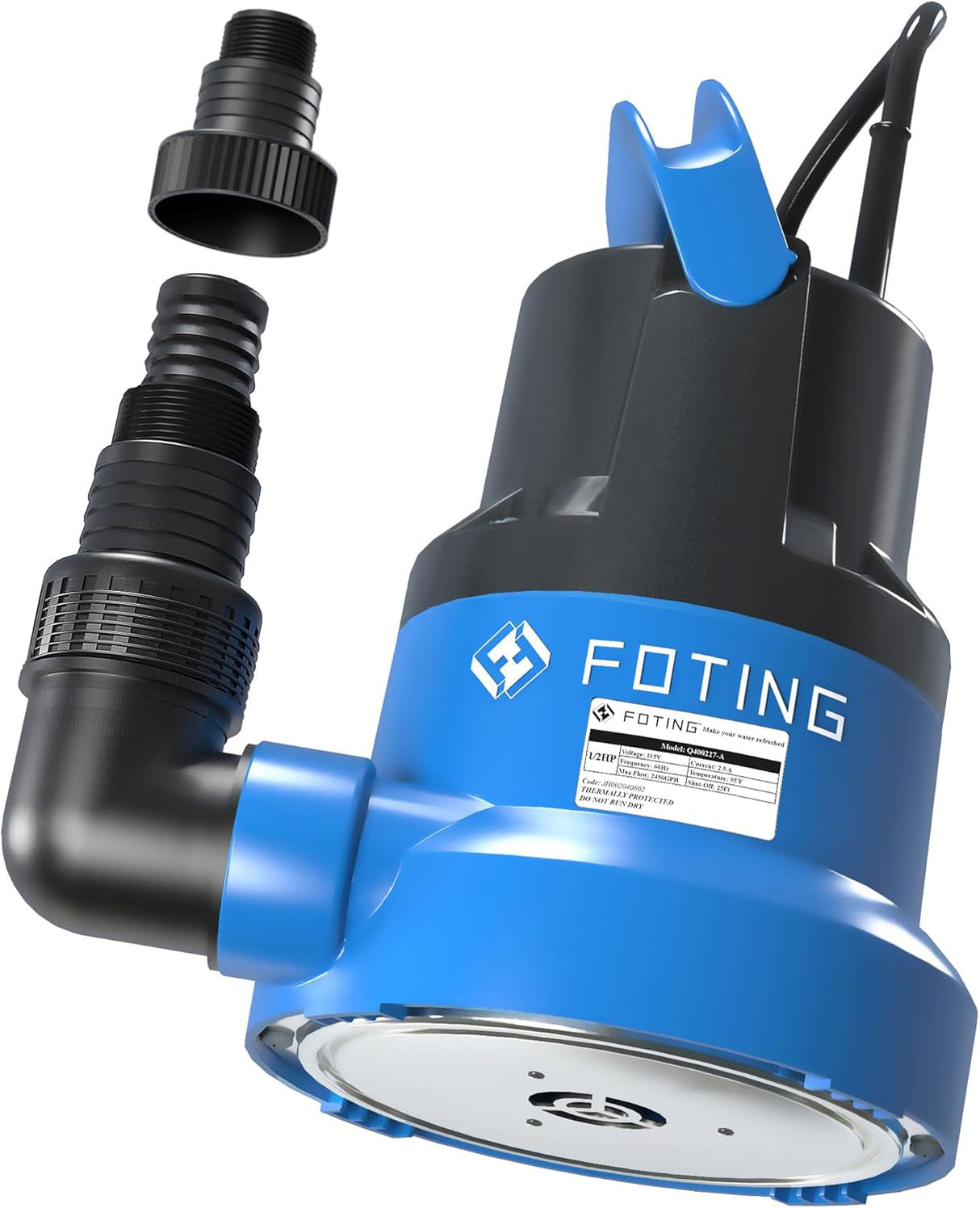 FOTING 1/2HP Submersible Utility Pump 2450GPH — Stainless Steel Base, 0.04" Depth, 10FT Cord (V2)