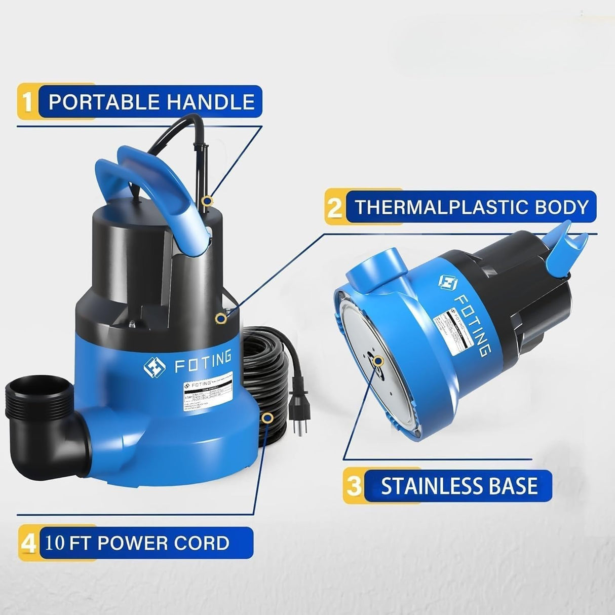 FOTING 1/2HP Submersible Utility Pump 2450GPH — Stainless Steel Base, 0.04" Depth, 10FT Cord (V2)
