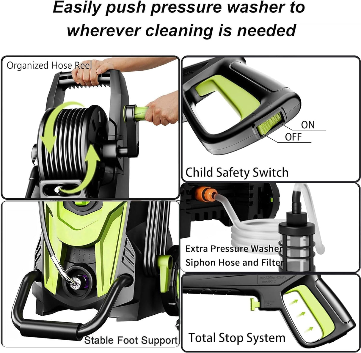 FOTING Electric Pressure Washer 4500PSI — 4 Nozzles & Foam Cannon, Green