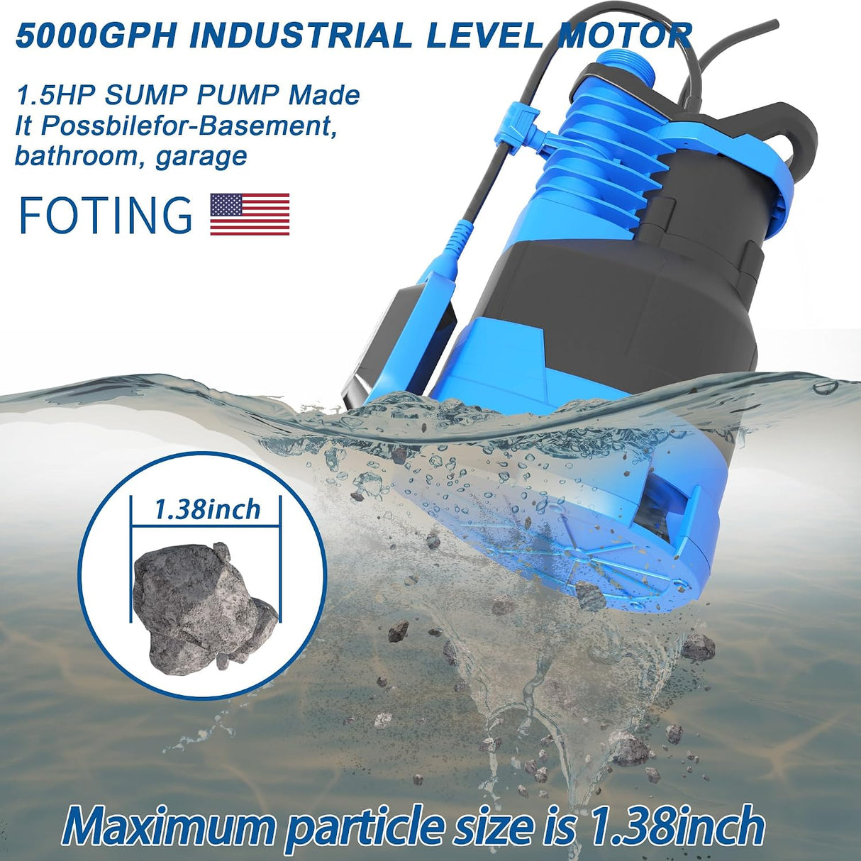 FOTING 1.5HP Submersible Sump Pump 5000GPH — Auto & Manual, Float Switch, Blue