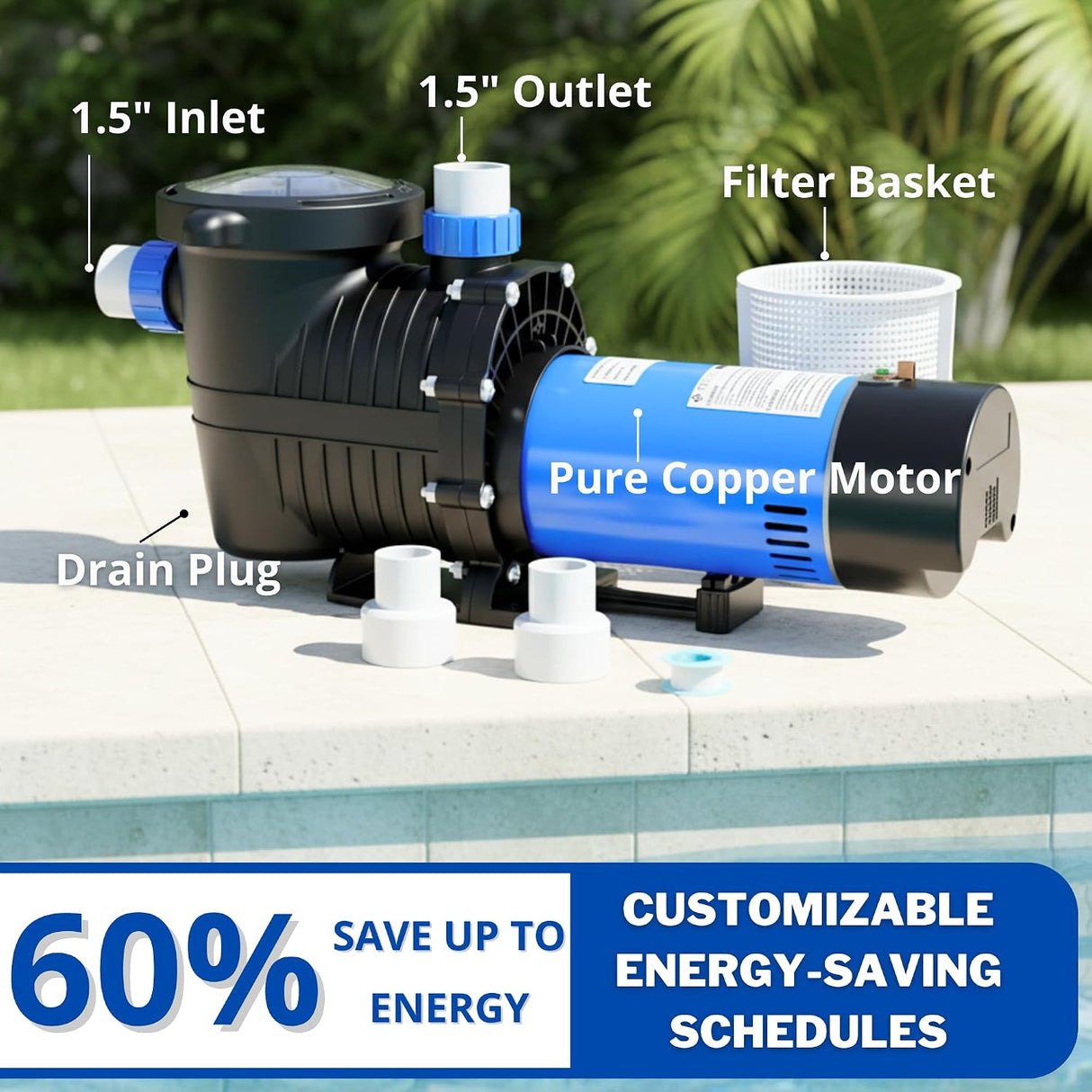 FOTING In/Above Ground Pool Pump — Self-Priming, High Flow, 1.5" & 2" NPT, Dark Blue & Black