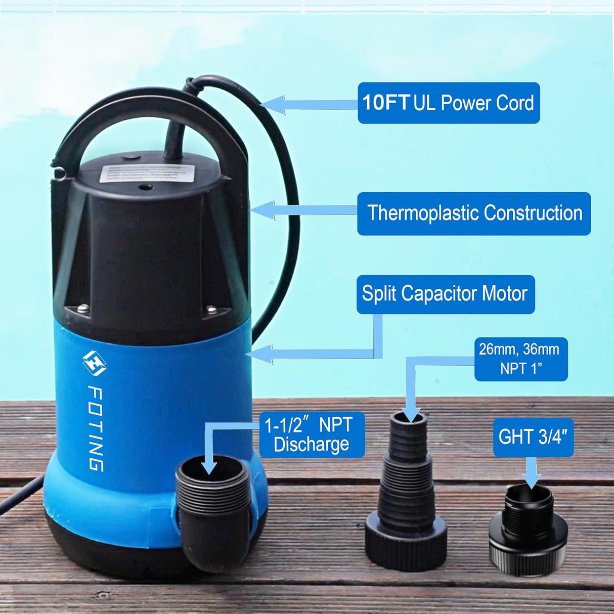 FOTING 1HP Submersible Sump Pump 4600GPH — Clean & Dirty Water, Manual, 10FT Cord