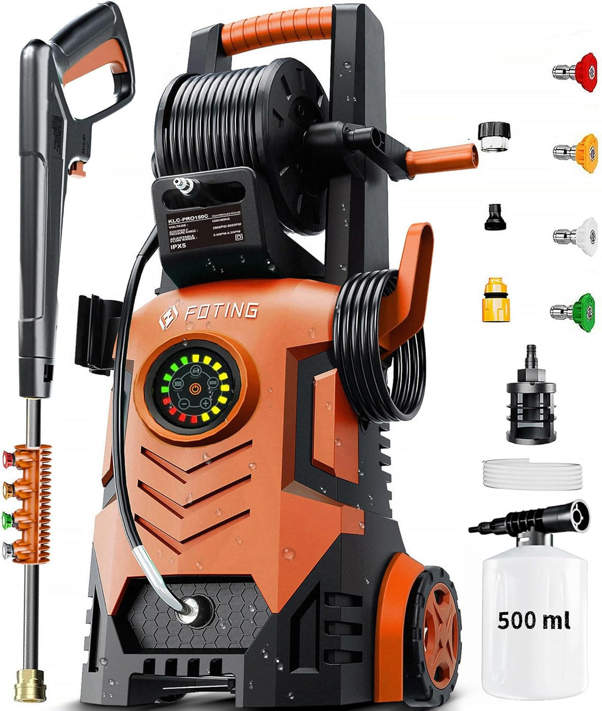 FOTING Pressure Washer 5000PSI — 8-Level Touch Screen, 34" Tall, Red
