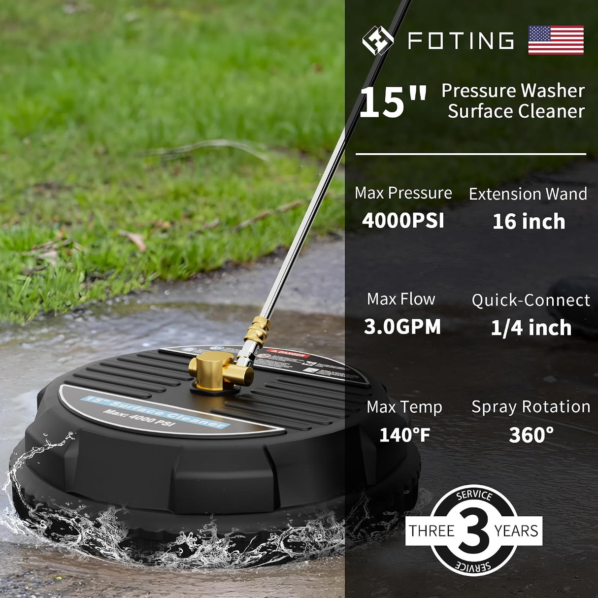 FOTING Pressure Washer Surface Cleaner 15" — 4000PSI, 2 Nozzles, 1/4" Quick Connect