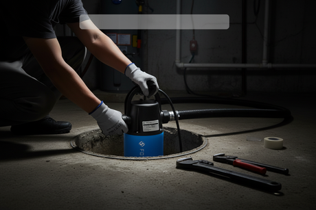 FOTING blue submersible sump pump being replaced in a basement sump pit - step-by-step replacement guide