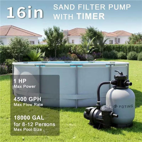 FOTING Sand Filter Pump with Timer — 6-Way Valve, 16" Tank