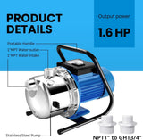 FOTING 1.6HP Shallow Well Jet Pump 1600GPH — Stainless Steel, 115V, Blue