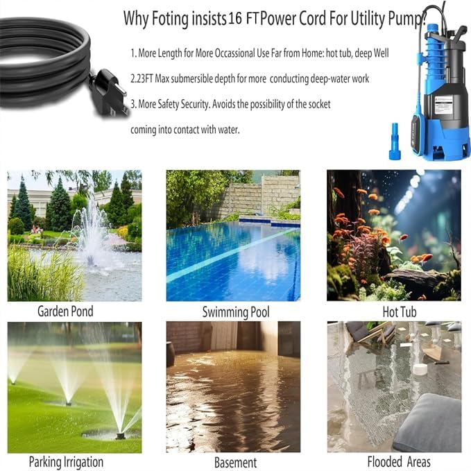 FOTING 1.5HP Submersible Sump Pump 5000GPH — Auto & Manual, Float Switch, Blue