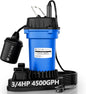 FOTING 3/4HP Submersible Sump Pump,4500 GPH Cast Iron Sewage/Effluent Pump,Automatic Tethered Float Switch,Septic Pump for Basement,Septic Tank,Basin,Sewage Well,1-1/2" NPT Discharge, Blue