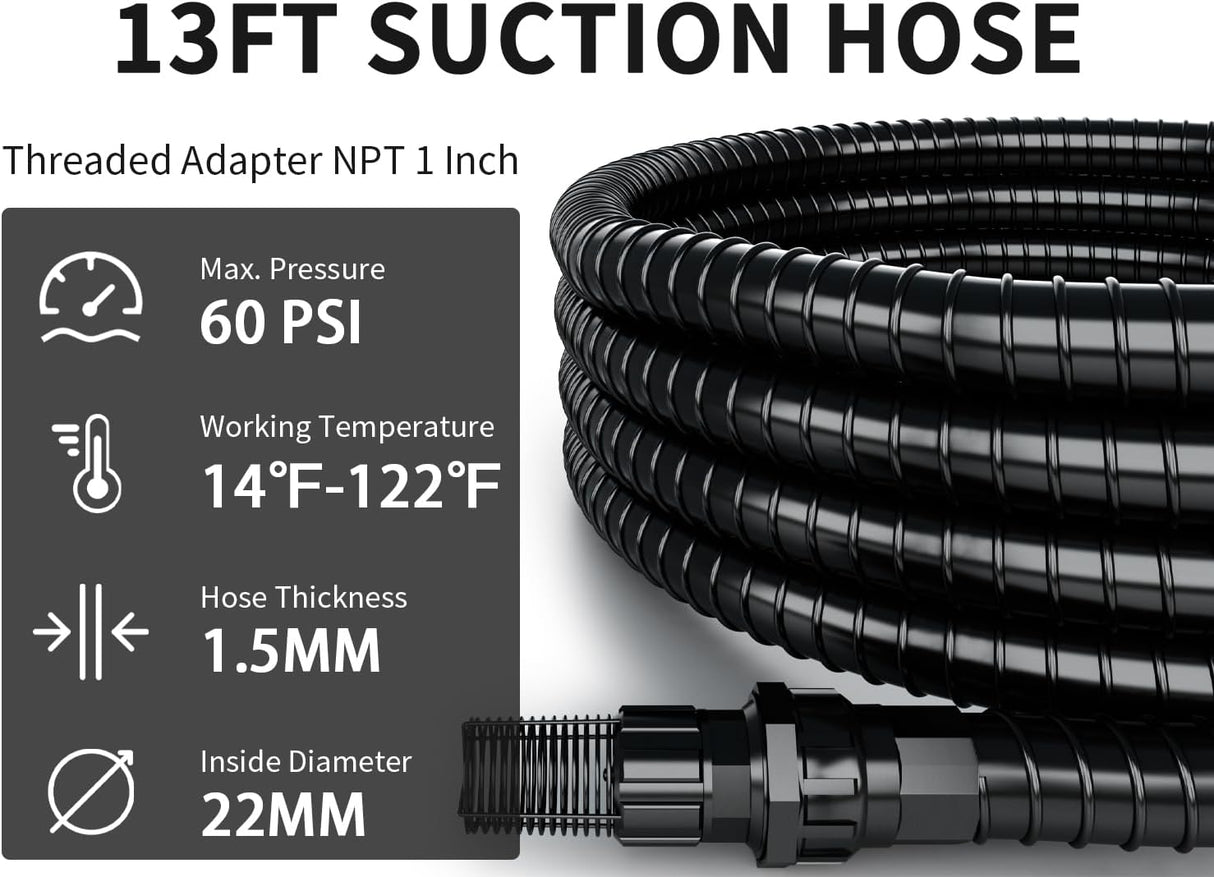 FOTING 1" Suction Hose Kit 13FT — Check Valve, NPT Adapter, PVC