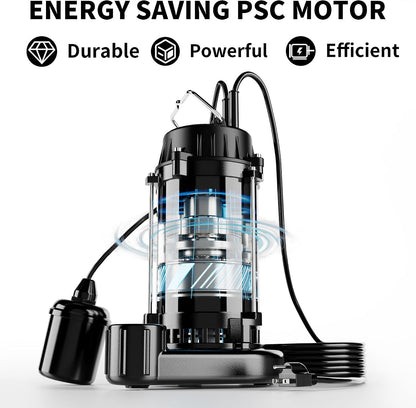 FOTING 1HP 6000GPH Sump Pump Submersible Sewage/Effluent Pump, Heavy Duty Cast Iron Septic Pump, Sump Pumps for Basement, Septic Tank, Sewage Well, Sewage System, 1-1/2'' NPT Discharge