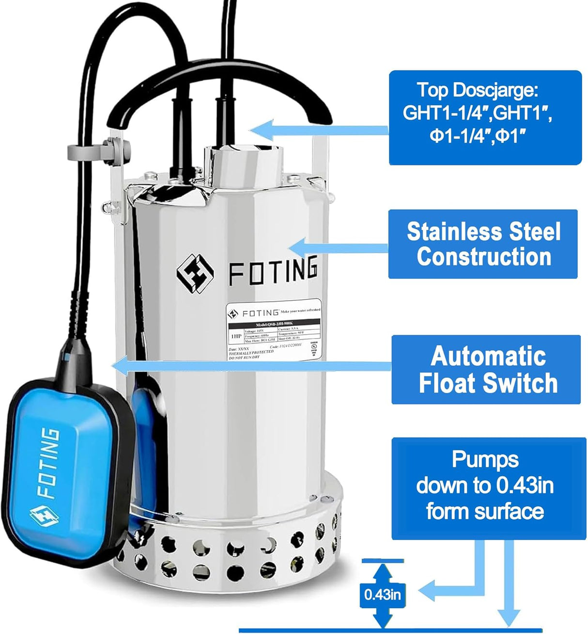 FOTING 1HP Stainless Steel Sump Pump 4600GPH — Auto Float Switch, 10FT Cord