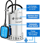 FOTING 1HP Stainless Steel Sump Pump 4600GPH — Auto Float Switch, 10FT Cord