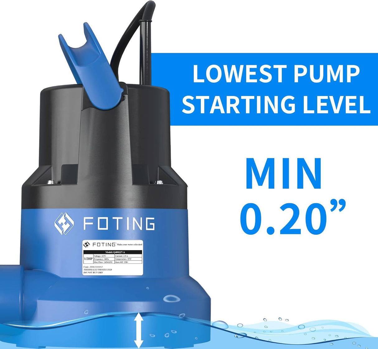 FOTING 1/2HP Submersible Utility Pump 2450GPH — Stainless Steel Base, 0.04" Depth, 10FT Cord (V2)
