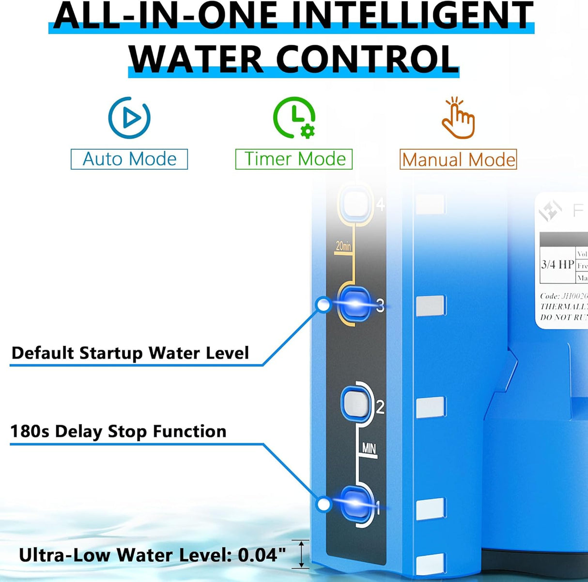 FOTING 3/4HP Submersible Sump Pump 2400GPH — Auto Float Switch, Blue