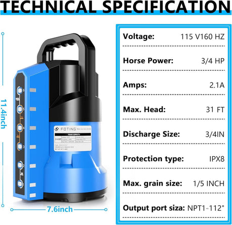 FOTING 3/4HP Submersible Sump Pump 2400GPH — Auto Float Switch, Blue