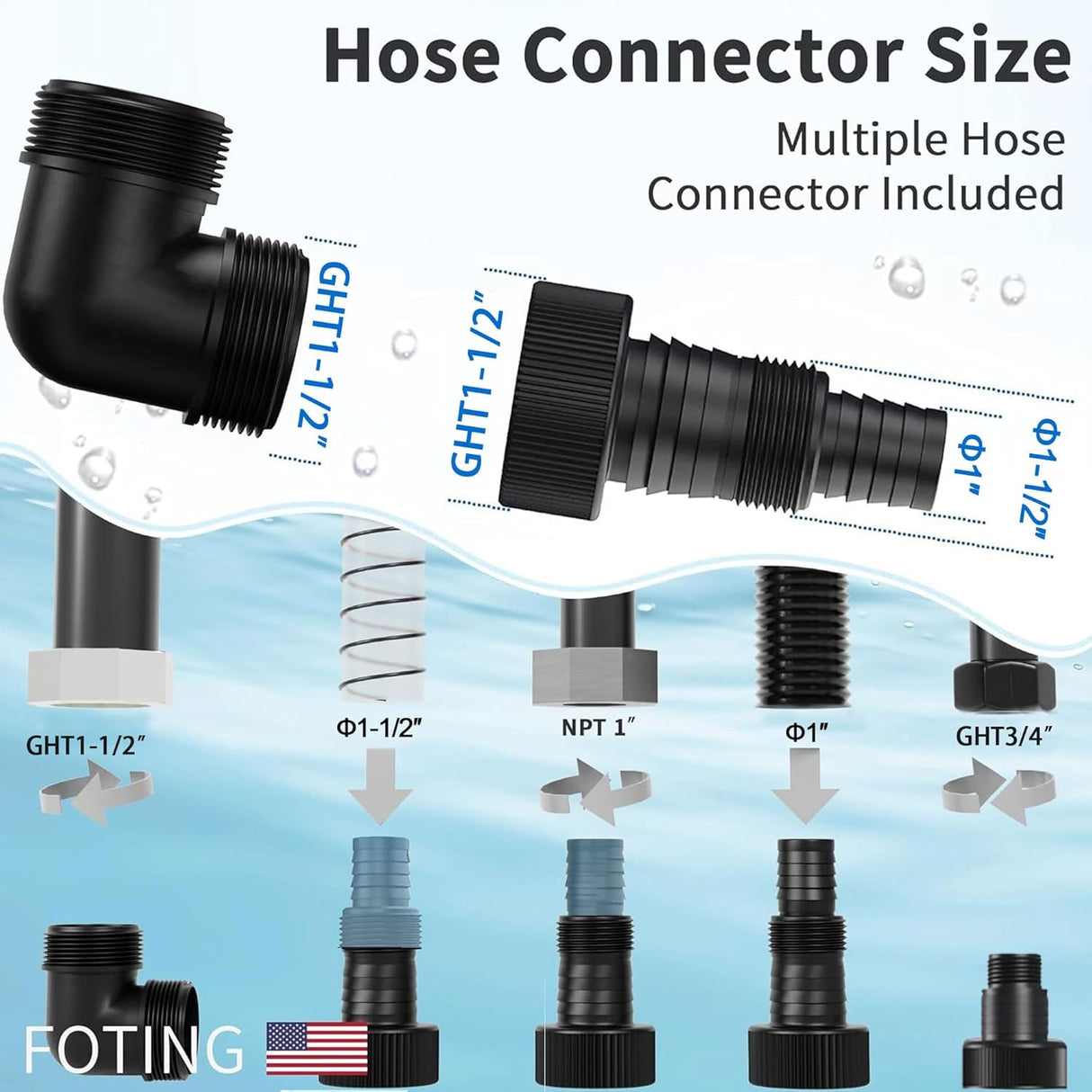 FOTING 1/2HP Submersible Utility Pump 2450GPH — Stainless Steel Base, 0.04" Depth, 10FT Cord (V2)
