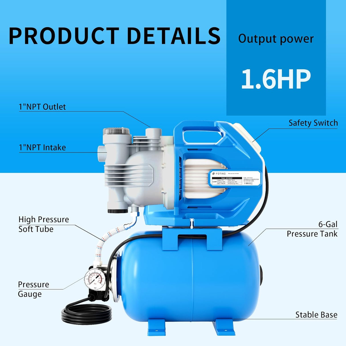 FOTING 1.6HP Shallow Well Pump 1700GPH — Pressure Tank, 180FT, Blue