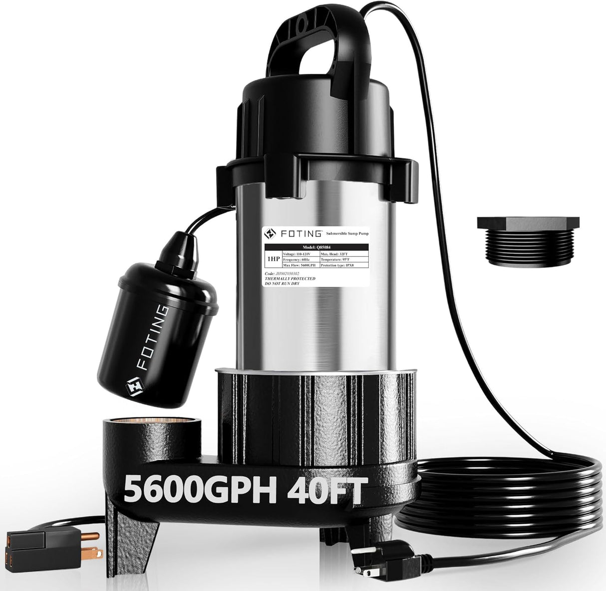 FOTING 1HP Cast Iron Sewage Pump 5600GPH — 40FT Head, 2" NPT