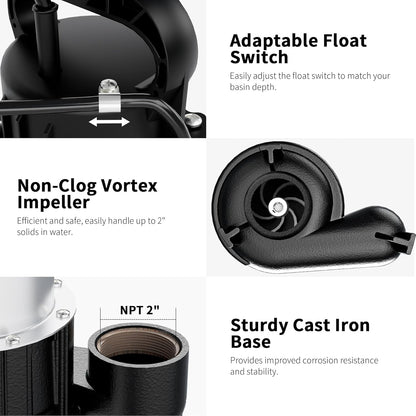 FOTING Sump Pump Submersible Sewage/Effluent Pump - Heavy Duty Cast Iron - 115V Septic Pump for Sump Basin/Residential/Sewage/Basement, 1HP 5600 GPH Sewage Pumps 2'' NPT,Black
