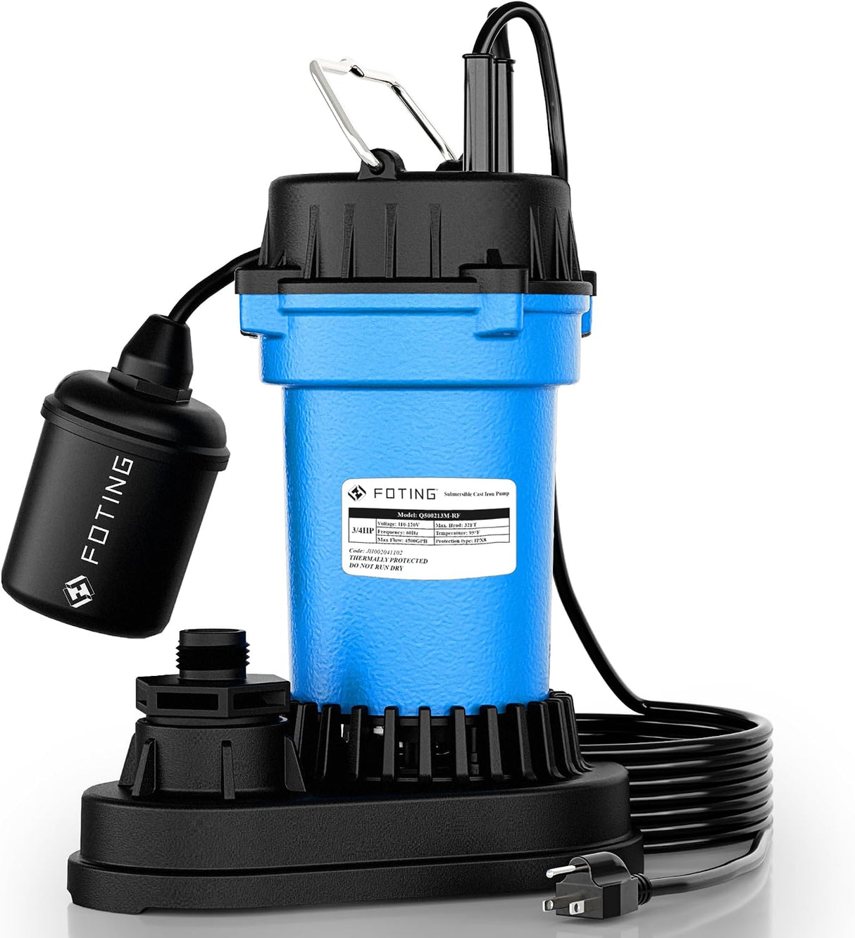 FOTING 3/4HP Cast Iron Sewage Pump 4500GPH — Auto Float Switch, 1-1/2" NPT, Blue