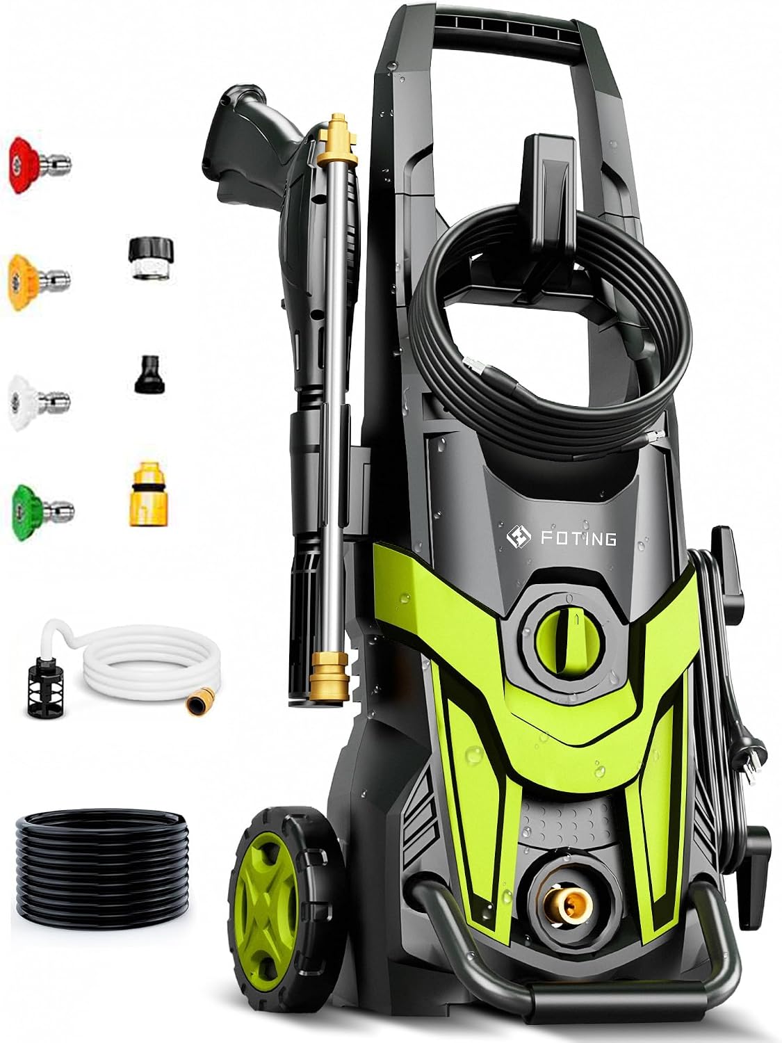 FOTING Electric Pressure Washer 4300PSI — 4 Nozzles & Foam Cannon, Green