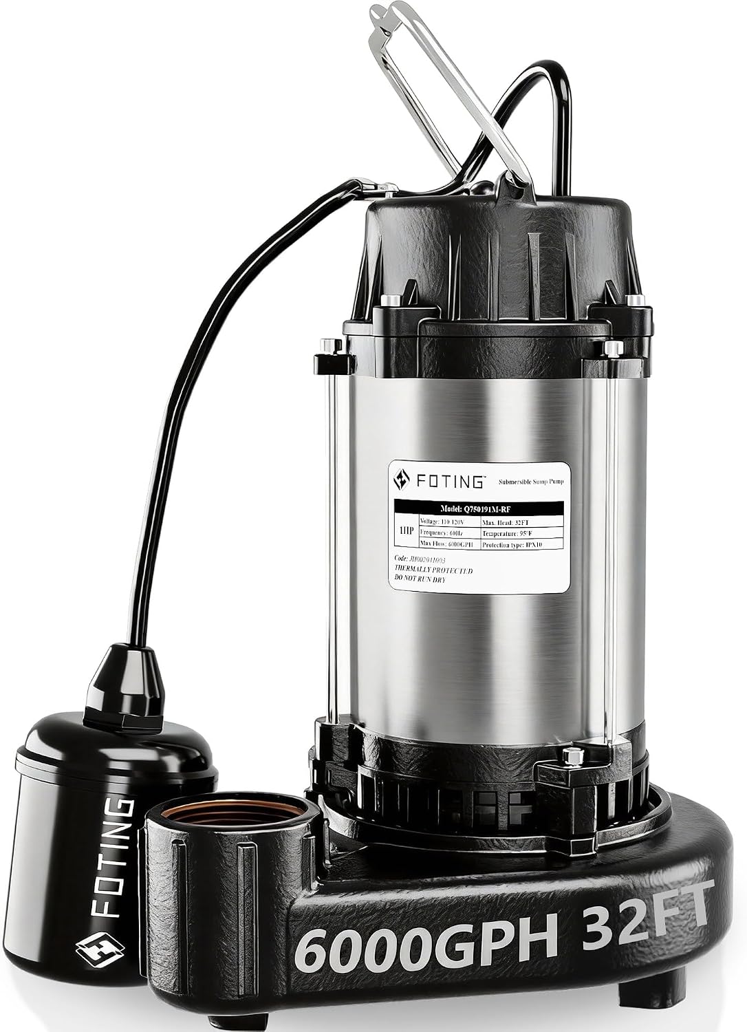 FOTING 1HP Cast Iron Sewage Pump 6000GPH — 1-1/2" NPT
