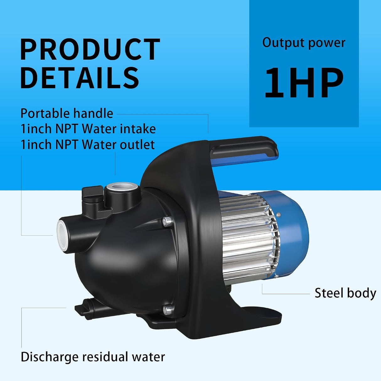FOTING 1HP Shallow Well Jet Pump 865GPH — Stainless Steel, Blue
