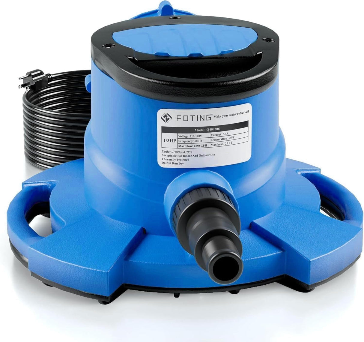 FOTING 1/3HP Pool Cover Pump 2240GPH — Submersible, Auto, 25FT Cord, Blue & Black