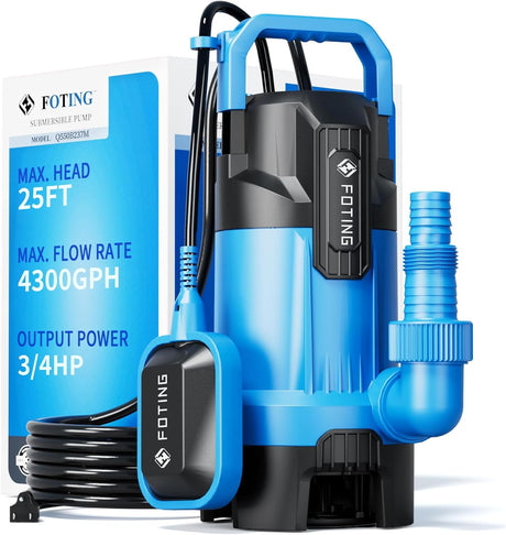 FOTING Submersible Sump Pump 4300GPH with Float Switch - Clean Dirty Water Pool Hot Tub Basement Drainage
