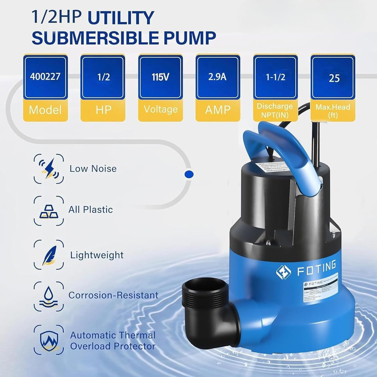 FOTING 1/2HP Submersible Utility Pump 2450GPH — Stainless Steel Base, 0.04" Depth, 10FT Cord (V2)