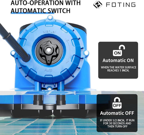 FOTING 1/3HP Pool Cover Pump 2240GPH — Submersible, Auto, 25FT Cord, Blue & Black