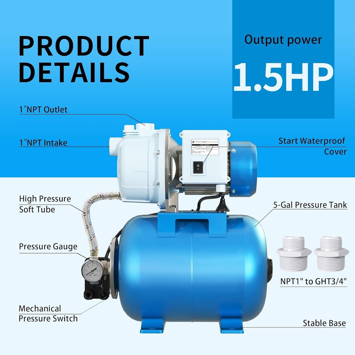 FOTING 1.5HP Shallow Well Pump 1340GPH — Pressure Tank, 164FT, Blue