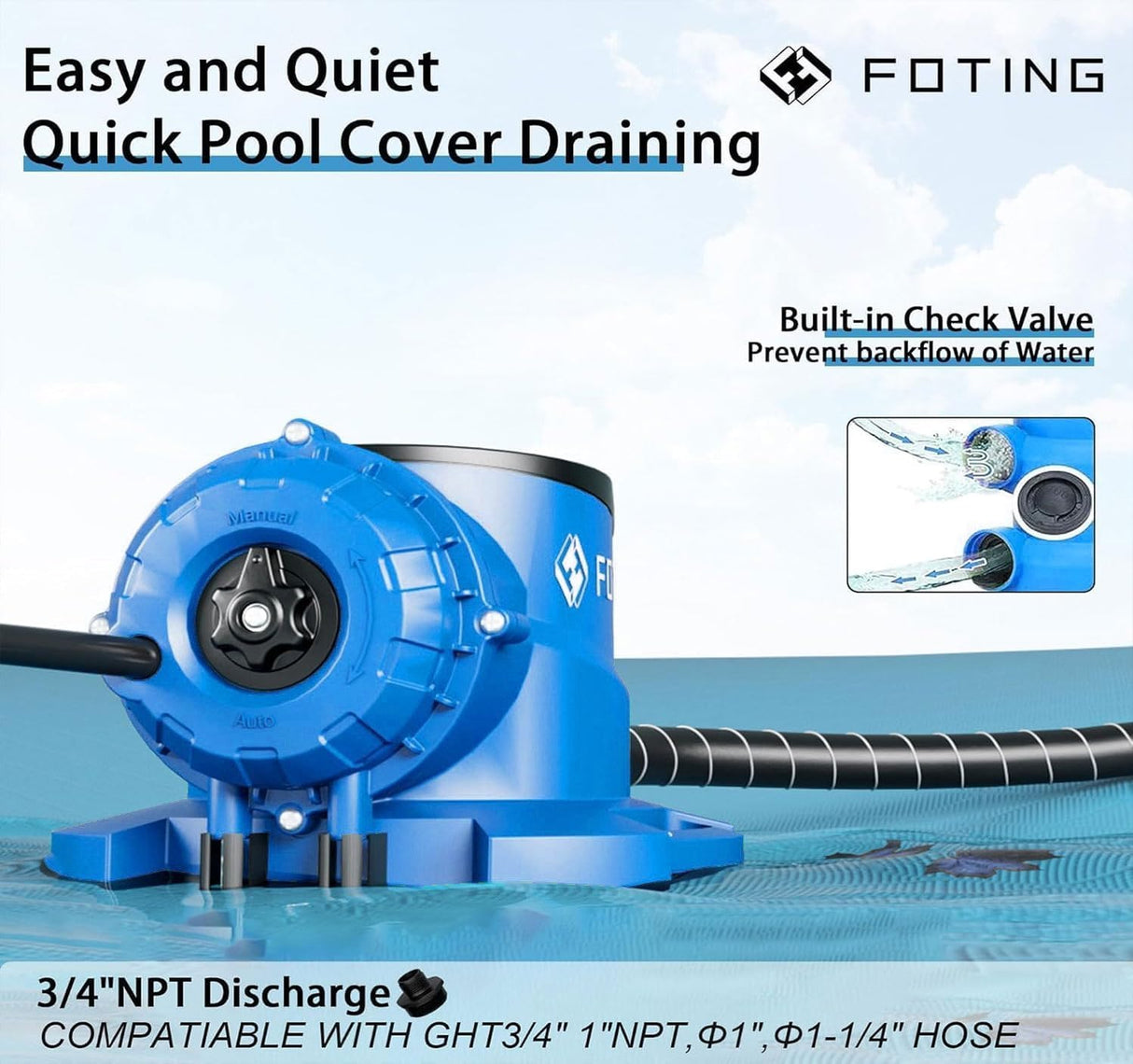 FOTING 1/3HP Pool Cover Pump 2240GPH — Submersible, Auto, 25FT Cord, Blue & Black