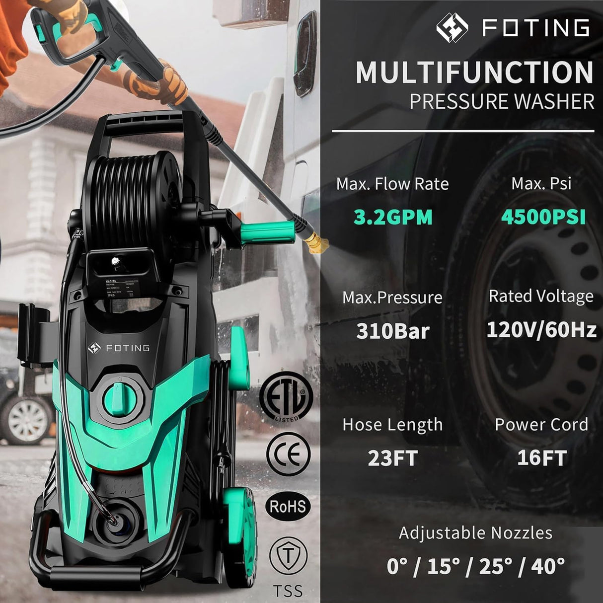 FOTING Electric Pressure Washer 4500PSI — 4 Nozzles & Foam Cannon, Blue