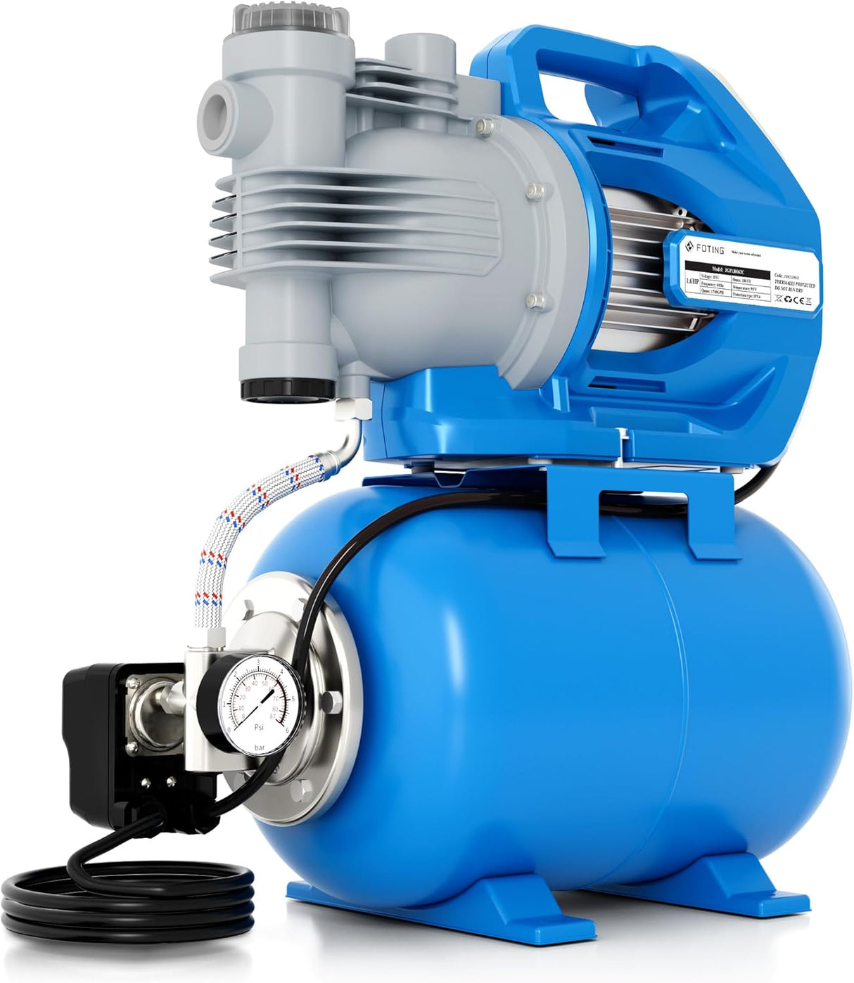 FOTING 1.6HP Shallow Well Pump 1700GPH — Pressure Tank, 180FT, Blue