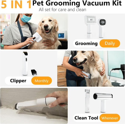 FOTING 5-in-1 Dog Grooming Vacuum, 12000Pa Dog Clippers & Shedding Brush Grooming Cleaning Tools Pet Grooming Vacuum, 2 Suction Levels Shedding Pet Hair Home Cleaning, White