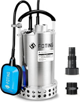 FOTING 1HP Stainless Steel Sump Pump 4600GPH — Auto Float Switch, 10FT Cord
