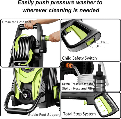 Upgraded Pressure Power Washer 4500PSI with 4 Quick Connect Nozzles, Inlet Hose & Filter, Foam Cannon for Cars/Fences/Driveways/Patios/Home Cleaning,Green
