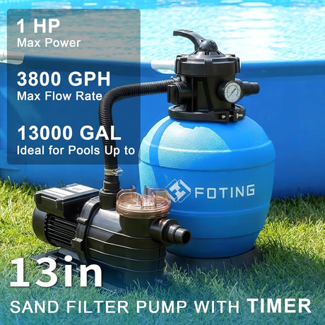 FOTING Sand Filter Pump with Timer — 7-Way Valve, 13" Tank