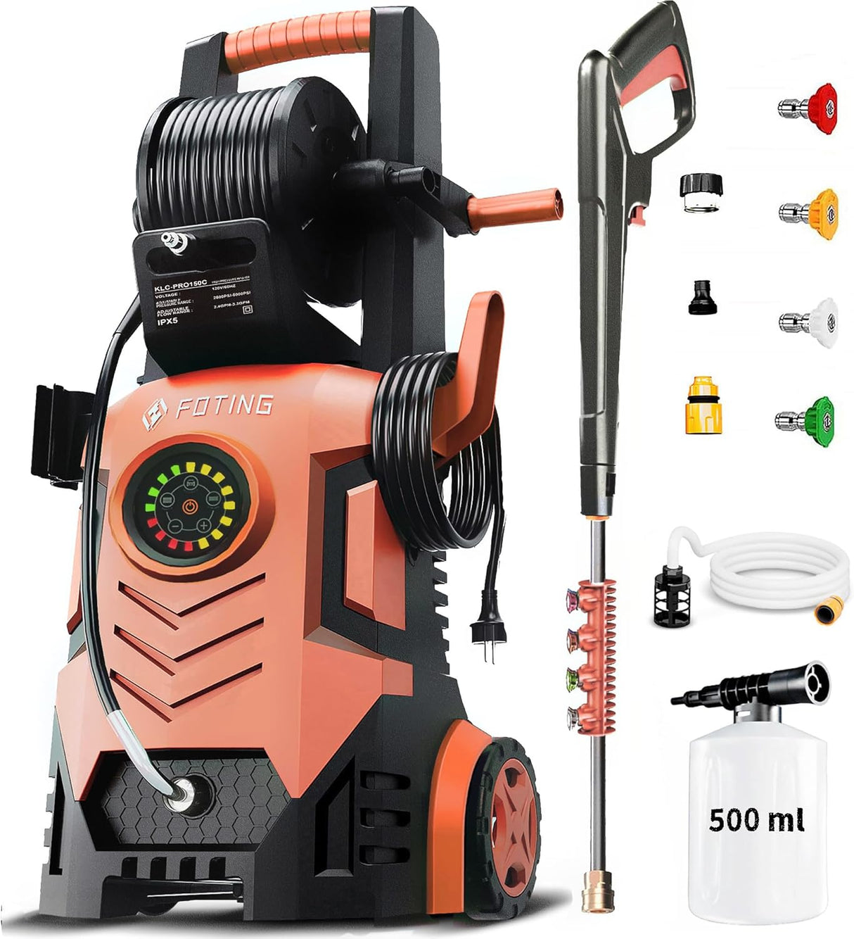 FOTING Pressure Washer 5000PSI — 8-Level Touch Screen, 34" Tall, Yellow