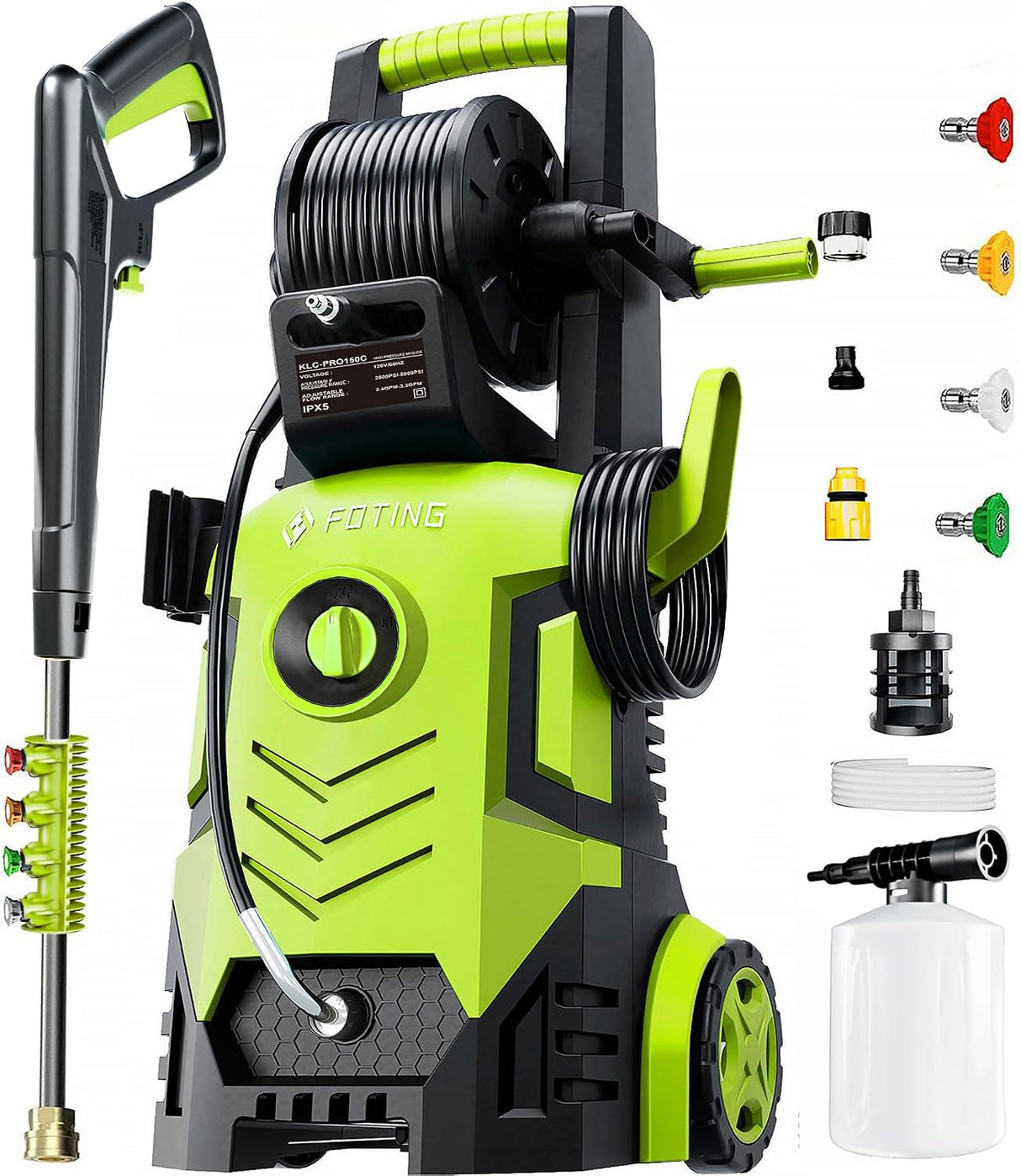 FOTING Electric Pressure Washer 4800PSI — 34" Tall, 4 Nozzles, Green