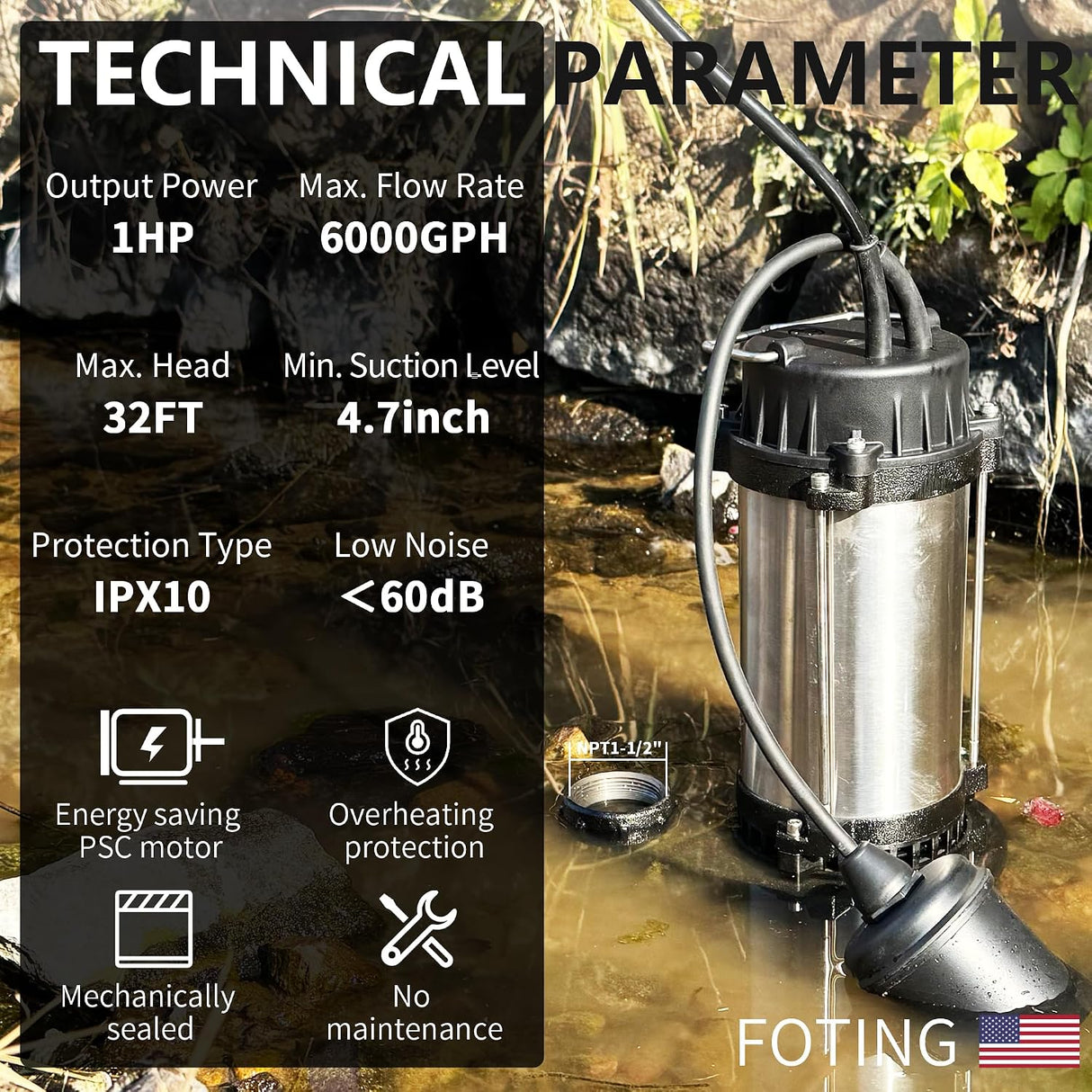 FOTING 1HP Cast Iron Sewage Pump 6000GPH — 1-1/2" NPT