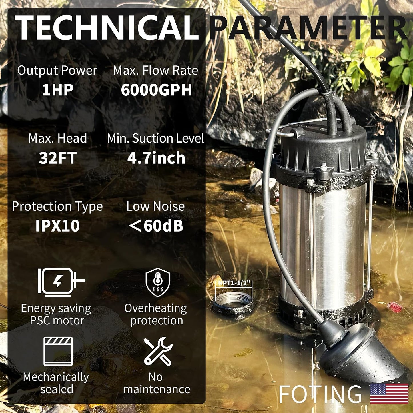 FOTING 1HP 6000GPH Sump Pump Submersible Sewage/Effluent Pump, Heavy Duty Cast Iron Septic Pump, Sump Pumps for Basement, Septic Tank, Sewage Well, Sewage System, 1-1/2'' NPT Discharge