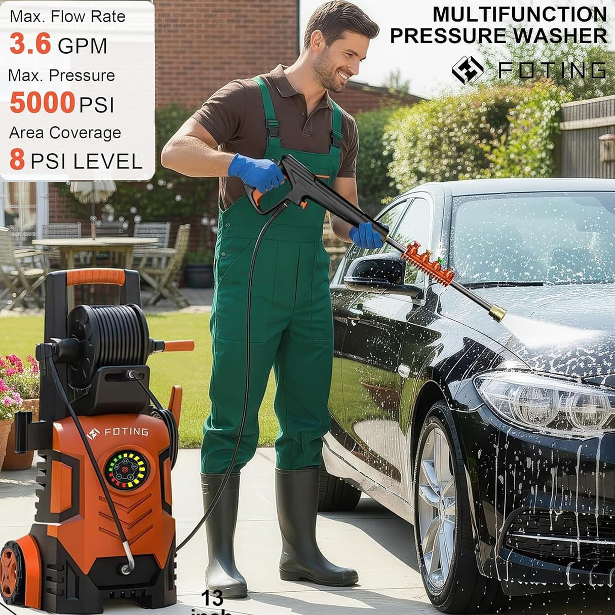 FOTING Pressure Washer 5000PSI — 8-Level Touch Screen, 34" Tall, Red